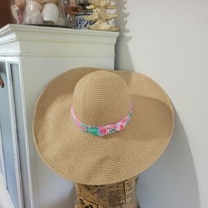 Lilly Pulitzer Tan Hat with Pink and Green Band
